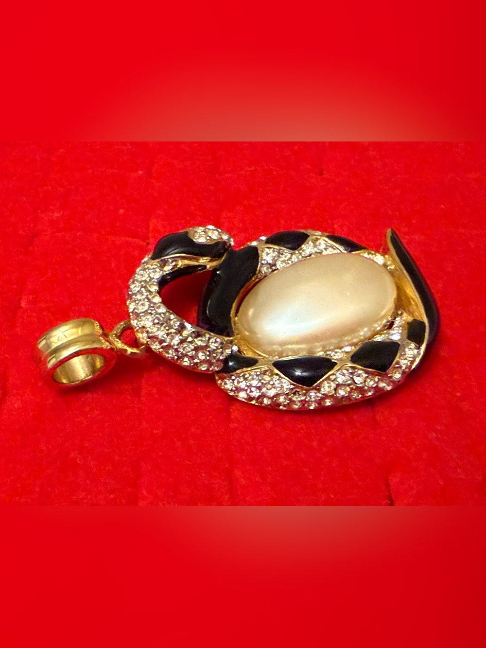 Vintage Gold-Tone Black Enamel Pendant with Pearl Cabochon and Crystals